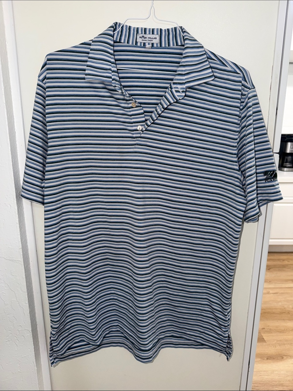 Peter Millar Blue and White Horizontal Stripe Polo PGA West Golf Shirt ~ L